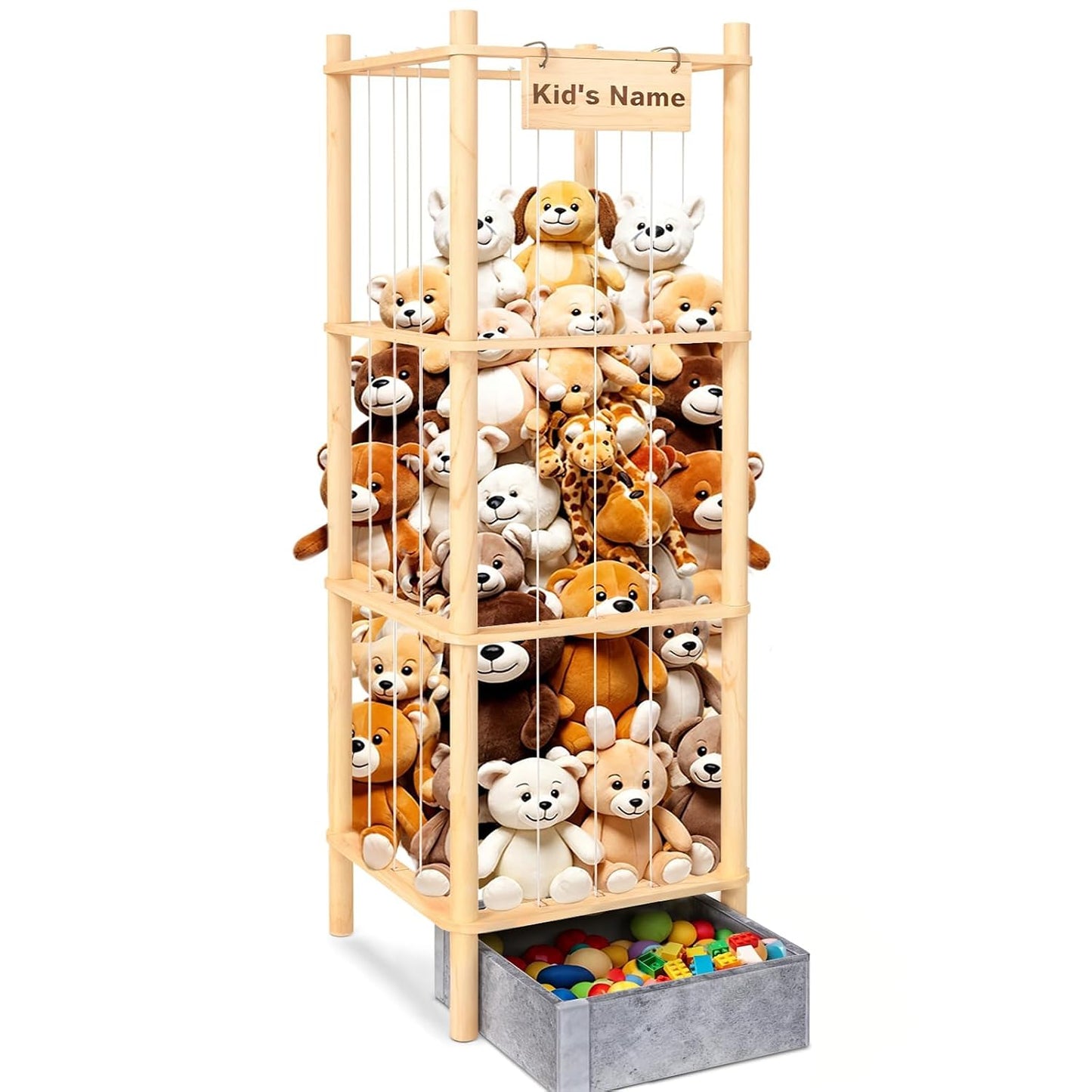 Stuffed Animal Storage with Toys Tray, 57In Large Wooden Stuffy Plushies Storage Holder Extra Large Capacity Stuffed Animals Zoo Organizer for Toddler Rooms, Playrooms & Bedrooms