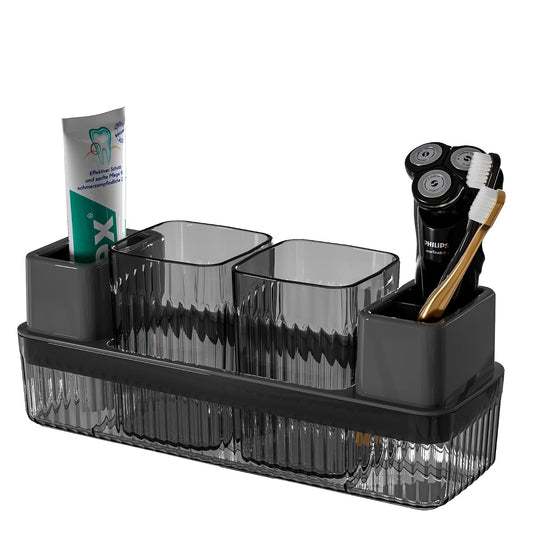 Toothbrush Holder for Bathrooms, 2 Cups Toothbrush Organizer for Bathroom Countertop, Toothbrush Holder Toothbrush Storage for Shower, Tooth Brushing Holder Cup Tray and Toothpaste Caddy Black