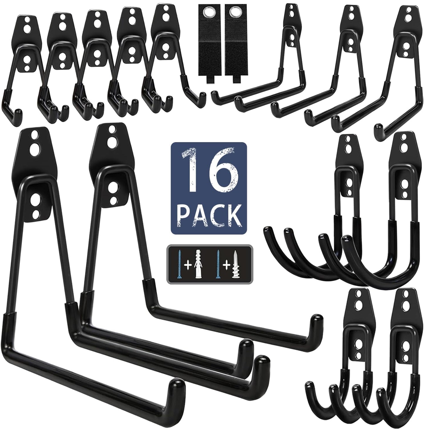 KOFANI Steel Garage Storage Hooks - 16 Pack Anti-Slip Coating, Heavy Duty Wall Mount Hooks for Hanging Bike, Ladder, Garden Tools | Wall Hooks Geavy Duty for Hanging Bike, Ladder, Garden Tools,Broom,Hose，Anti-Slip Coating Garage Wall Organization