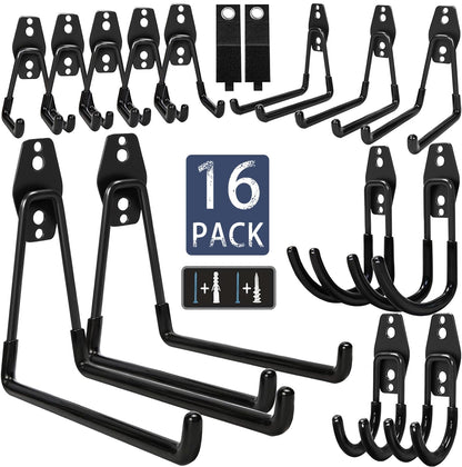 KOFANI Steel Garage Storage Hooks - 16 Pack Anti-Slip Coating, Heavy Duty Wall Mount Hooks for Hanging Bike, Ladder, Garden Tools | Wall Hooks Geavy Duty for Hanging Bike, Ladder, Garden Tools,Broom,Hose，Anti-Slip Coating Garage Wall Organization