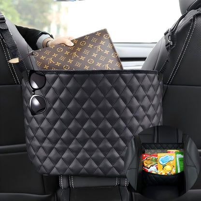 Car Net Pocket Handbag Holder，Purse Holder for Between Seats，Leather Seat Back Organizer Mesh Large Capacity Bag，Handbag Between The Two Seats