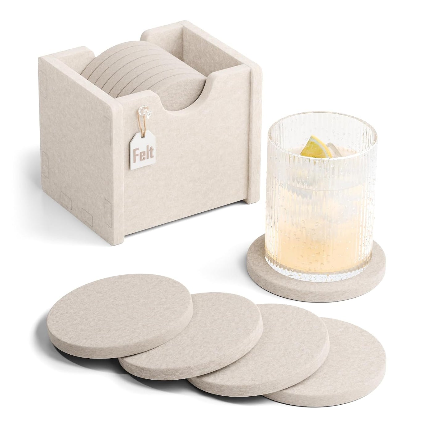 Fluxynara Felt Coasters with Holder, Set of 8 for Drinks, Oatmeal | Round Felt Coasters, Absorbent, Heat-Resistant & Reusable for Drinks, Ideal for Coffee Tables and Living Rooms, 3.94 Inch