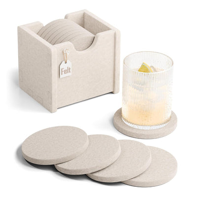 Fluxynara Felt Coasters with Holder, Set of 8 for Drinks, Oatmeal | Round Felt Coasters, Absorbent, Heat-Resistant & Reusable for Drinks, Ideal for Coffee Tables and Living Rooms, 3.94 Inch