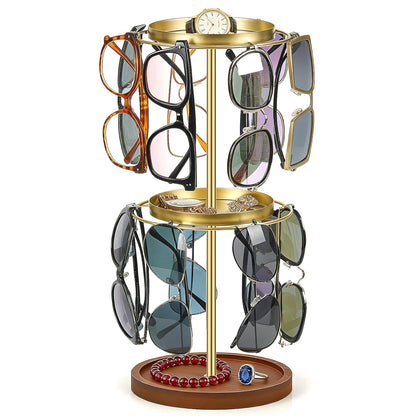 360° Rotating Double-layer Sunglasses Organizer - Stainless Steel Glasses Holder for Multiple Eyeglasses with Tray, Space-Saving Eyewear Storage Stand (Gold)