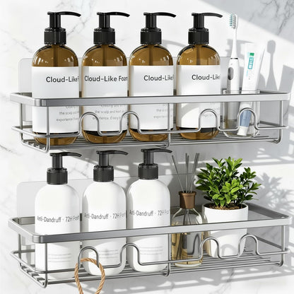 Adhesive Shower Caddy, Large Capacity Shower Racks for Inside Shower, No Drill Bathroom Shower Organizer and Storage, 2 Pack Silver Bathroom Shelves, Home Decor Rv Accessories, Apartment