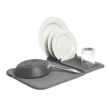 Umbra Udry Dish Drying Rack, Folding Dish Drainer Mat, Mini, Dark Grey | Absorbent microfiber base, removable tray, dishwasher safe, compact storage, BPA-free plastic