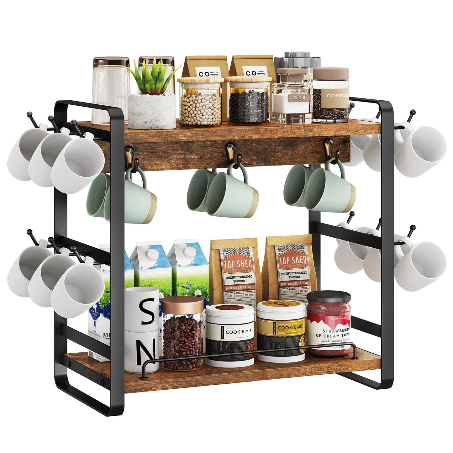 IBUYKE Kitchen Mug Cup Holder,2 Tier Coffee Bar Organizer,Brown TBJ006H | Coffee Bar Station Countertop Organizer Coffee Mug Stand with 18 Hooks,Multifunctional Mug Tree for Home Kitchen Office