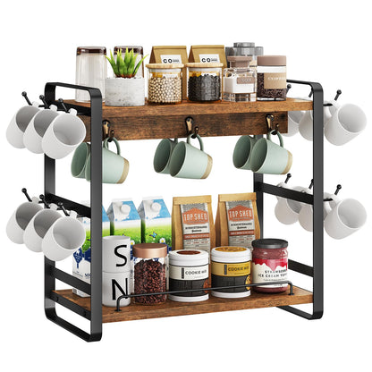 IBUYKE Kitchen Mug Cup Holder,2 Tier Coffee Bar Organizer,Brown TBJ006H | Coffee Bar Station Countertop Organizer Coffee Mug Stand with 18 Hooks,Multifunctional Mug Tree for Home Kitchen Office