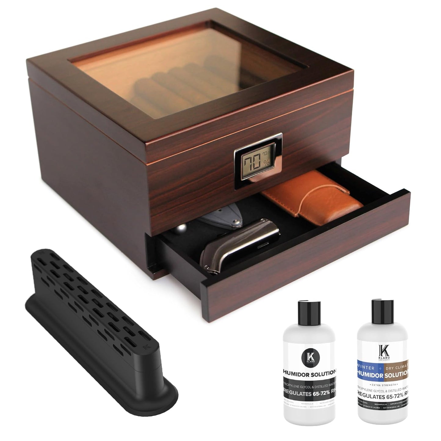 CASE ELEGANCE Renzo Glass Top Cigar Humidor with Cedar - Brown | Easy humidification system, accurate digital hygrometer