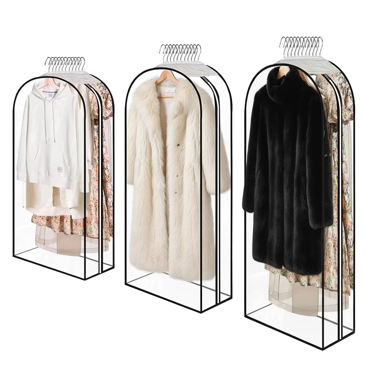 Clear Garment Bags for Hanging Clothes 3-piece set(43,50,60) inches Storage Bags With Zipper for Shirts, Suit,Jackets,Coats,sweater,Long Dresses,wedding,gowns,etc.