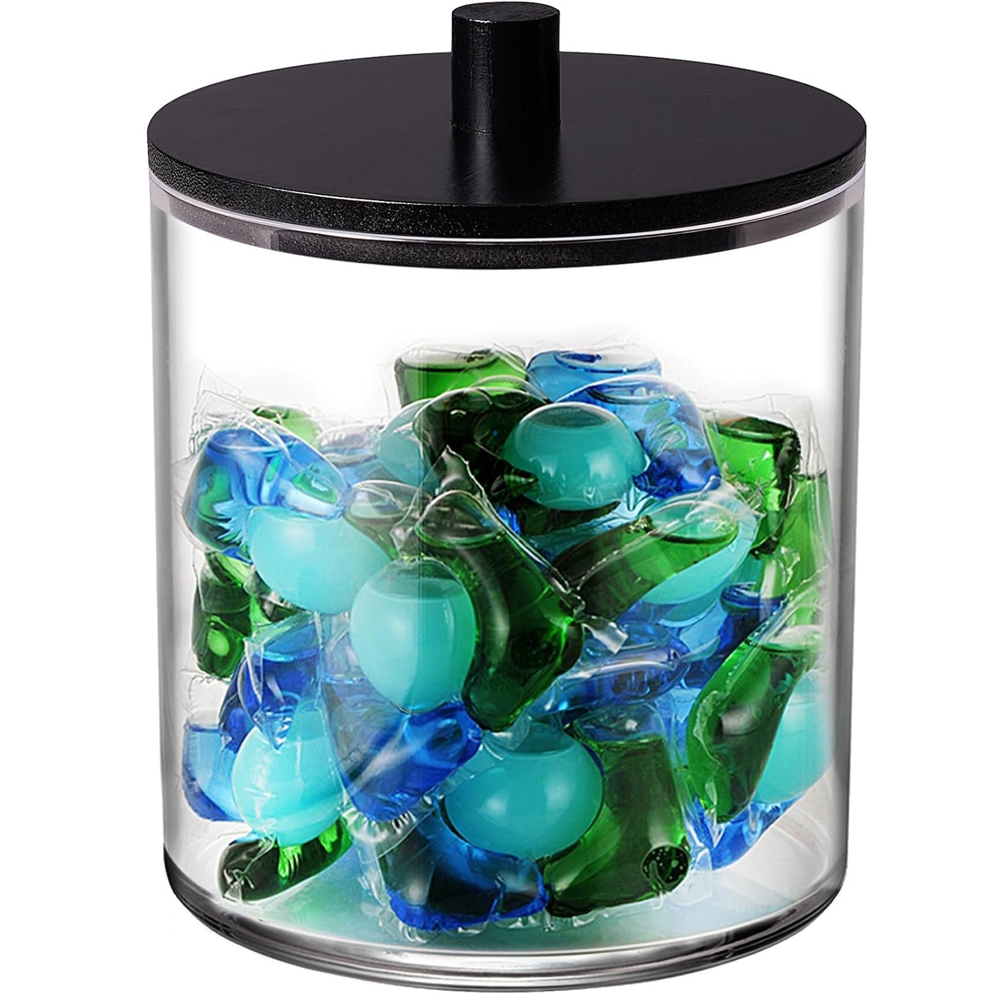 SheeChung 1 Pack 50oz Laundry Pods Container with Matte Black Bamboo Lid | Shatterproof Laundry jars- Clear Plastic Storage Canister for Scent Beads & Bath Salts with Labels & Spoon