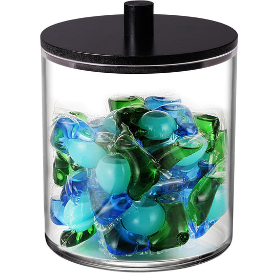 SheeChung 1 Pack 50oz Laundry Pods Container with Matte Black Bamboo Lid | Shatterproof Laundry jars- Clear Plastic Storage Canister for Scent Beads & Bath Salts with Labels & Spoon