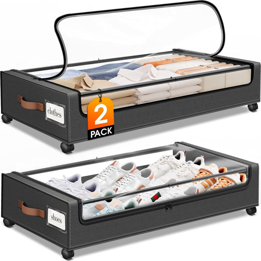 Under Bed Storage with Wheels 2Pack Storage Containers with Clear Window | Under Bed Drawers Rolling Under Bed Storage for Clothes,Shoes, Blankets (30.71 x 16.93 x 6.69 in, Dark Grey)