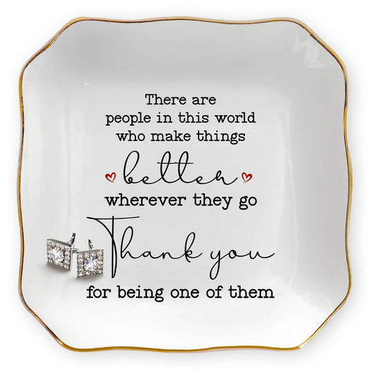 Thank You Gifts for Women, Retirement Gifts - 4x4 Ceramic Dish Tray | Retirement Gift for Woman, Ring Dish for Women, Appreciation Decor, Gold Trim Design, Polished Finish, Ready to Gift