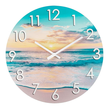 12 Inch Outdoor Clock – Waterproof Tempered Glass with Sunset Beach Scene, UV Resistant, Battery Operated, Silent, Coastal Decor for Patio, Pool, Garden, Porch & Bathroom