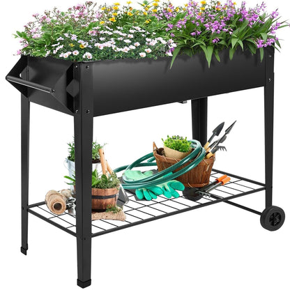 32" Rolling Raised Garden Bed with Wheels, Heavy Duty Metal Elevated Planter Box, Outdoor Flower Cart Plant Stand, Raised Planter with Storage Shelf for Patio Balcony Backyard Growing