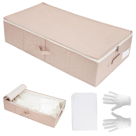 Large Wedding Dress Storage Box with 1 Pair of Microfiber Gloves and 30 Sheets of Acid-Free Paper, Wedding Dress Preservation Box for Heirlooms, Gowns Bride Musthaves (Pink)
