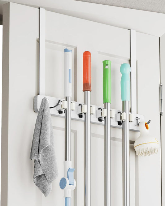 Over the Door Broom and Mop Holder, Broom Hanger, 4 Slots & 4 Hooks | No Drilling Required, Wood and Metal Build, EVA Door Protection Pads, Secure Grip Slots, Closet Garage Laundry Use, White