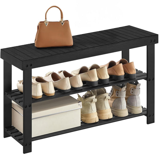 Shoe Rack Bench, 3-Tier Bamboo Shoe Storage Organi... (Ink Black | Bamboo, Modern)