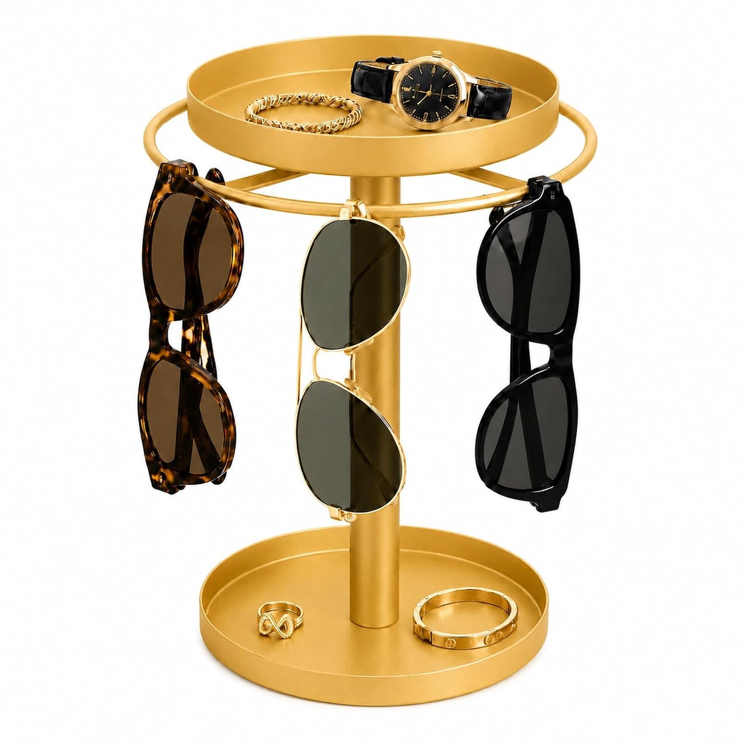 360° Rotating Sunglasses Organizer, 2-Tier with Jewelry Tray & Storage Base | Stainless Steel Glass Holder Stand, sunglasses storage for Multiple Sunglasses,Watches,Rings, Keys, Dresser, Desk, Nightstand