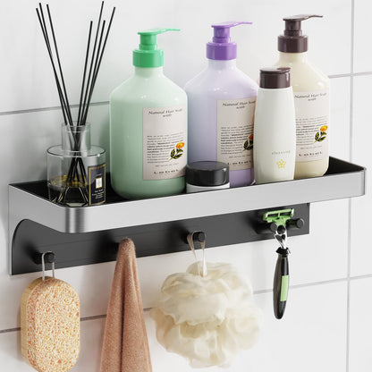 Shower Caddy Adhesive with 5 Hooks & Drainage, No-Drill, Silver | Plastic Wall Bathroom Shelf Rack Organizer, Inside Shower Storage Holder for Bath Accessories, Rustproof Bathroom Shelves