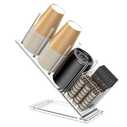 Acrylic Cup and Lid Holder with Straw Organizer | Adjustable Coffee Cup Holder Organizer, 5 Compartment Cup Dispenser for Disposable Paper & Plastic Cups, for Home Countertop