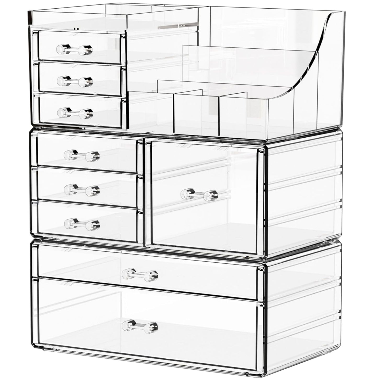 3 Pack Clear Makeup Organizer Countertop for Dresser,Vanity and Bathroom Counter Organizer,Tiered Stackable Makeup Acrylic Organizers with 9 Drawer for Skincare,Brush and Make up Holders