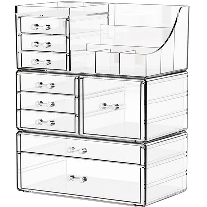 3 Pack Clear Makeup Organizer Countertop for Dresser,Vanity and Bathroom Counter Organizer,Tiered Stackable Makeup Acrylic Organizers with 9 Drawer for Skincare,Brush and Make up Holders