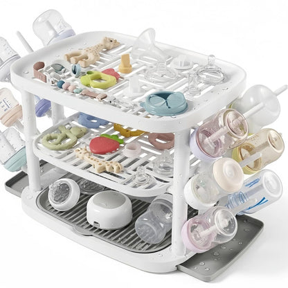 Baby Bottle Drying Rack,3-Tier Large Capacity Countertop Organizer with 360° Ventilation, Removable Drip Tray, Non-Slip Base – Easy to Clean Bottle Holder for Baby Accessories