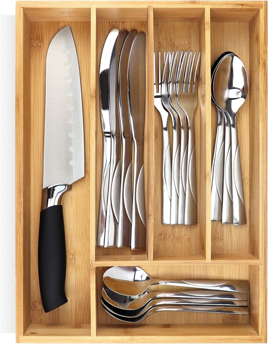 Silverware Organizer - Small Extra-Deep Wooden Kit... (Brown | Bamboo)