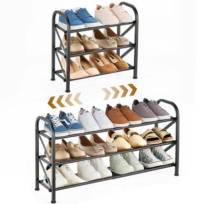 3-Tier Expandable Shoe Rack for Closet，Adjustable Shoe Rack，Black Metal Free Standing Shoe Rack for Entryway Closet Doorway