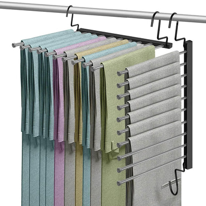 Pants Hangers Space Saving for Closet: 10 Layer Metal Jean Hanger | Collapsible Non Slip Trouser Hangers - Magic Rotational Pant Rack for Display and Storage - College Dorm Essentials