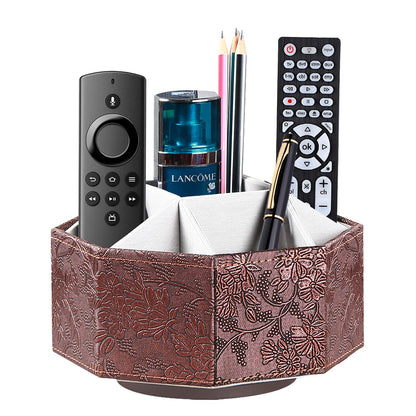 360° Spinning Remote Control Holder,Pen Caddy,Studio Art Supplies Organizer | PU Leather Swivel Office Desk Nightstand Storage Box for Media Controllers,Makeup Brush,Glasses,Decorations for Living Room