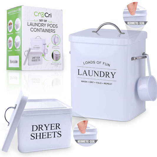 Metal Laundry Detergent Container Set for Powder, Pods and Dryer Sheets, 2 Galvanized Canisters with Scoop, Airtight Silicone Gasket Lids, 10 lb Capacity, White