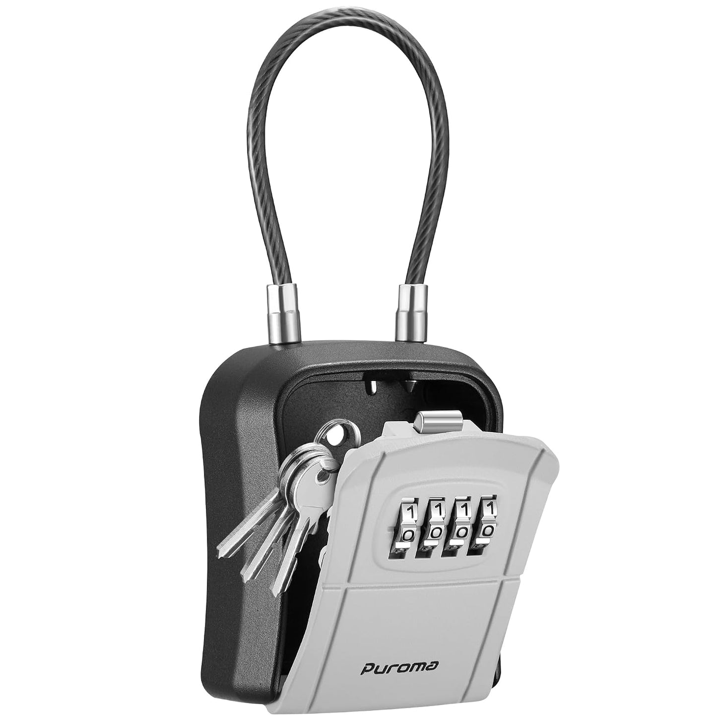 Puroma Lock Box, Portable Key Lock Box with Removable Cable Handle, Resettable Combination Lockbox Wall-Mounted Key Lockbox for House Key, Home, Office, Apartment Warehouse Key Storage (1 Pack, Grey)