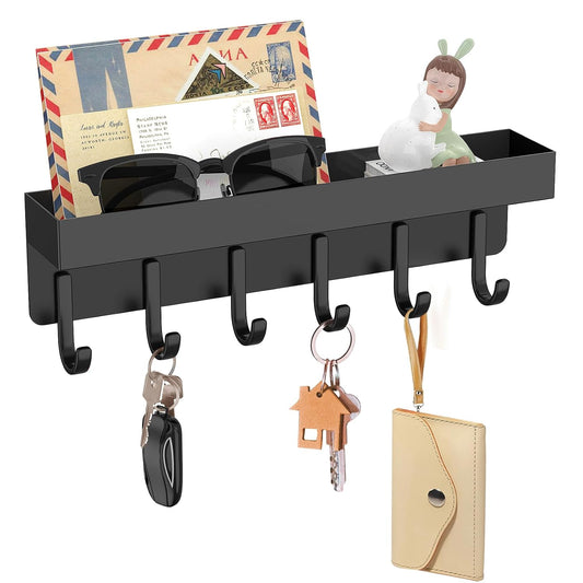 Magnetic Key Holder, Wall Mount Key Rack with Shelf, 9.65 in, Black | Metal Material, Small Size, 6 Metal Hooks, 2 Installation Ways, for Fridge, Entryway, Kitchen, Bathroom, Garage, RV, Office