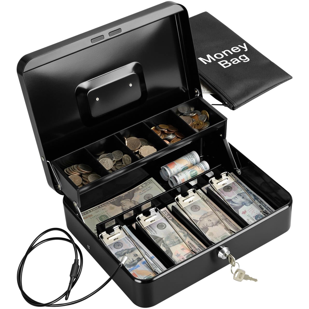 KYODOLED Metal Cash Box with Key Lock, Anti-Theft Cable & Waterproof Pouch | Heavy Duty 0.7mm Steel, Windproof Bill Clips, Hidden Compartment, for Flea Market Vendors & Small Business, 11.8", Black