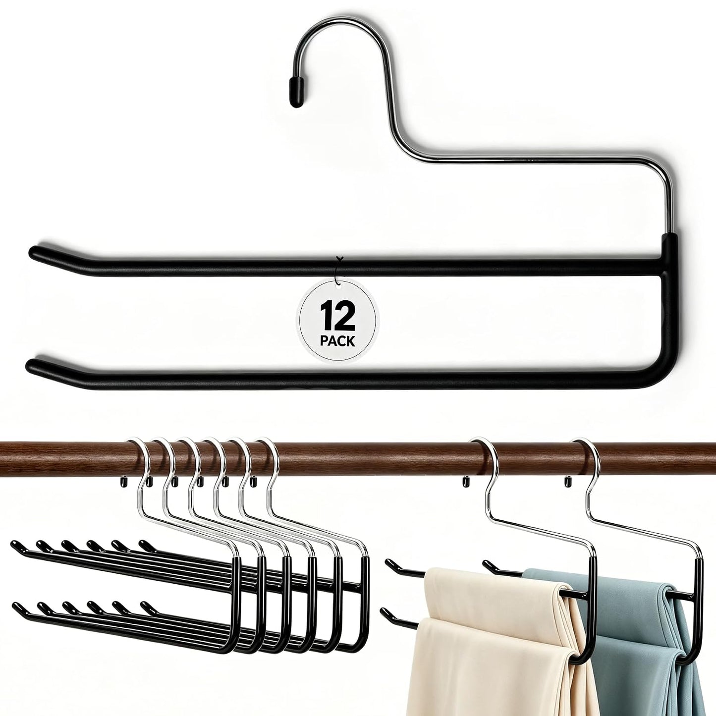 12 Pcs Pants Hangers Double Rod Jean Hangers,Open-Ended Pants Hangers Black | Non-Slip,Space Saving Pants Hangers,Double Hanger for Apartment Closet Storage Organizer Trousers Scarves