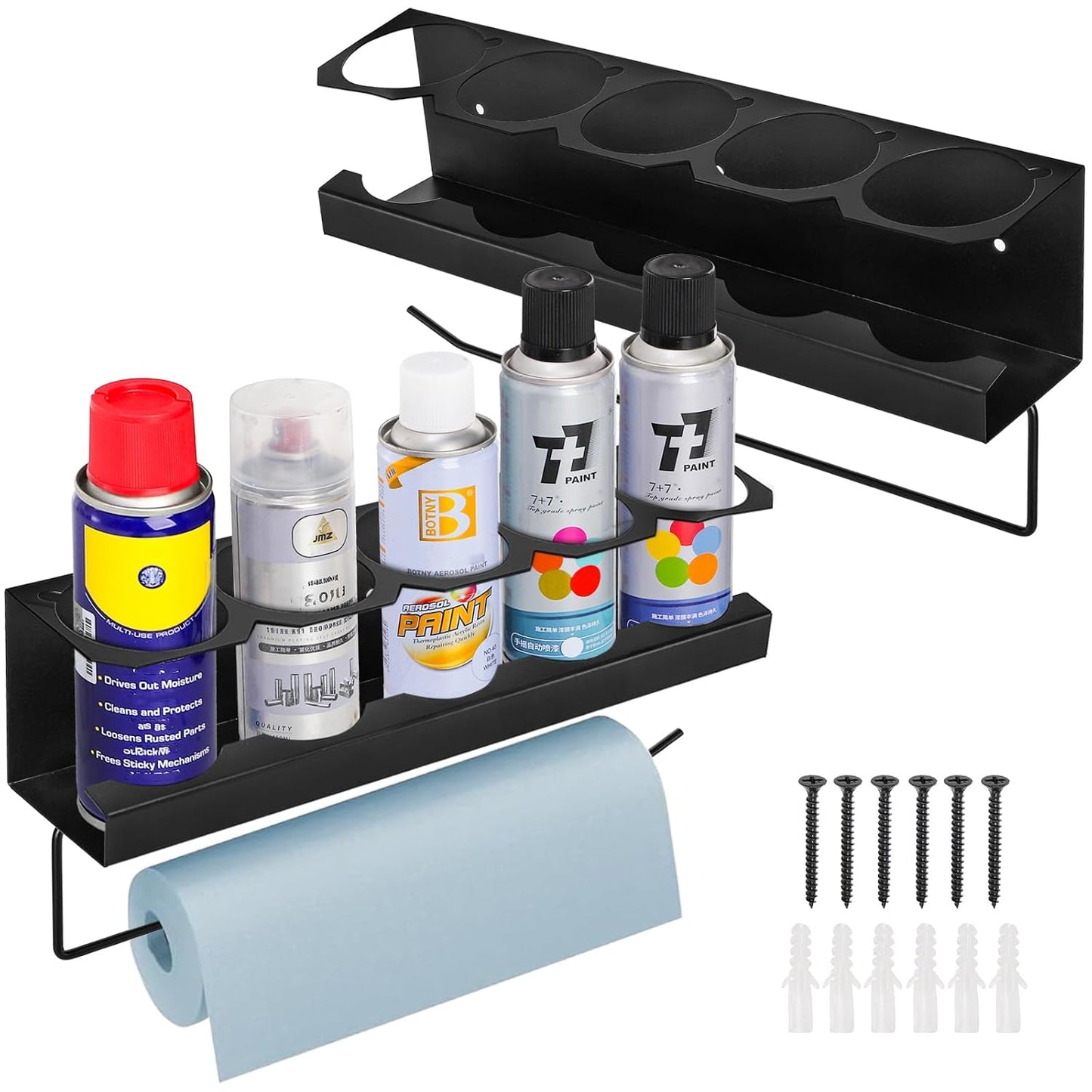 Cedilis 2 Pack Aerosol Spray Can Holder Rack with Paper Towel Holder, Wall Mounted Steel Spray Bottle Organizer, Black Spray Paint Can Holder for Garage and Workspace, Mounting Accessories Included