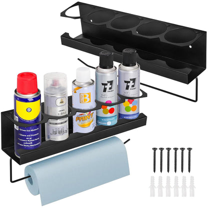 Cedilis 2 Pack Aerosol Spray Can Holder Rack with Paper Towel Holder, Wall Mounted Steel Spray Bottle Organizer, Black Spray Paint Can Holder for Garage and Workspace, Mounting Accessories Included
