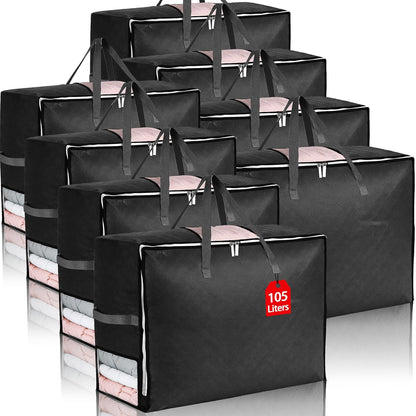 8 Pack 105L Extra Large Comforter Storage Bag, Foldable Bedding Storage Blanket Moving Bags for Clothes Pillows Sweater Dorm, Linen Closet Organizers with 4 Handles & 3 Clear Windows, Black