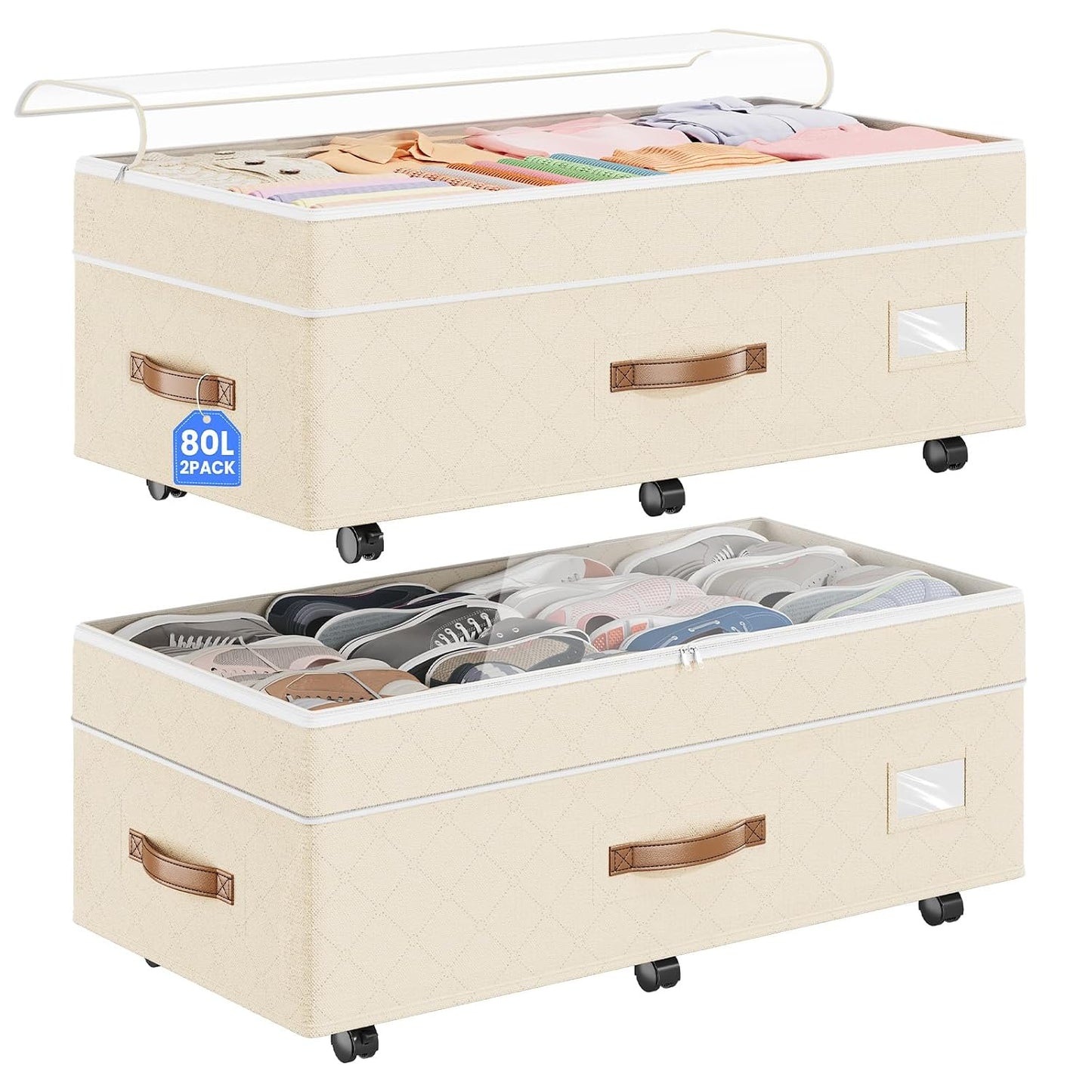80L 2 Pack Adjustable Under Bed Storage with Wheels, Beige | Underbed containers with clear lids, rolling underbed shoe storage organizer for dorm clothes, blankets, easy to install