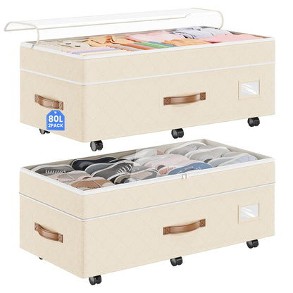 80L 2 Pack Adjustable Under Bed Storage with Wheels, Beige | Underbed containers with clear lids, rolling underbed shoe storage organizer for dorm clothes, blankets, easy to install