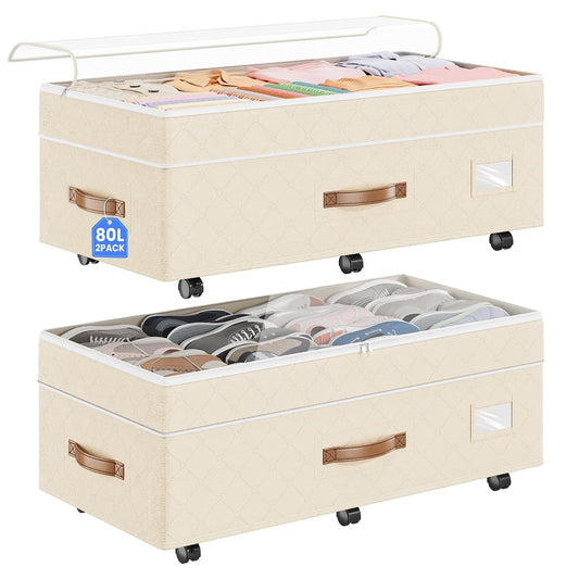 80L 2 Pack Adjustable Under Bed Storage with Wheels, Beige | Underbed containers with clear lids, rolling underbed shoe storage organizer for dorm clothes, blankets, easy to install