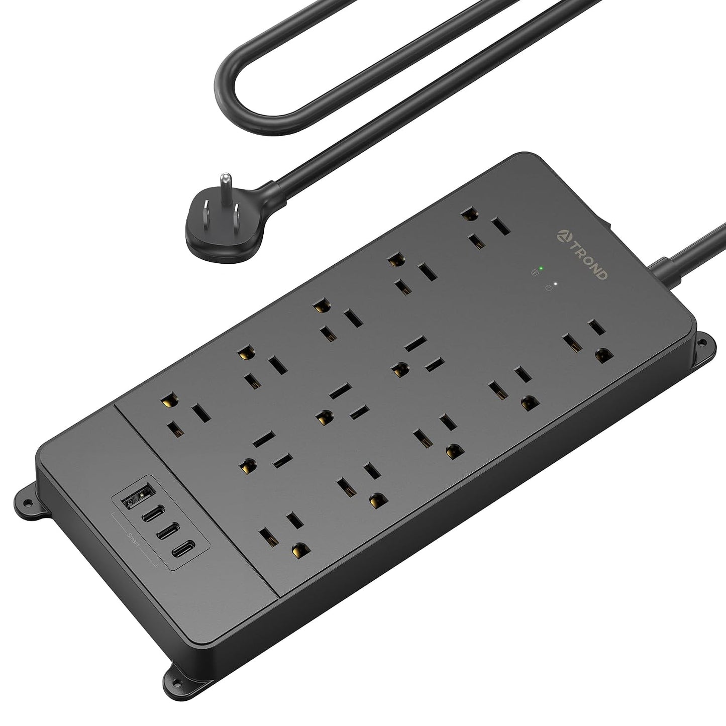 TROND Surge Protector Power Strip 5ft Cord, 4000J, 4 USB, ETL Listed, Black | 13 Widely-Spaced Outlets Expansion with USB C Ports, Low-Profile Flat Plug, Wall Mount, Extension Cord, 14AWG Heavy Duty
