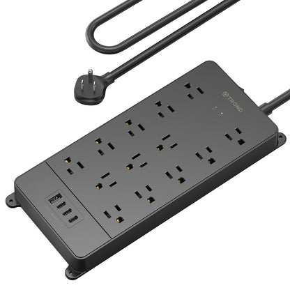 TROND Surge Protector Power Strip 5ft Cord, 4000J, 4 USB, ETL Listed, Black | 13 Widely-Spaced Outlets Expansion with USB C Ports, Low-Profile Flat Plug, Wall Mount, Extension Cord, 14AWG Heavy Duty