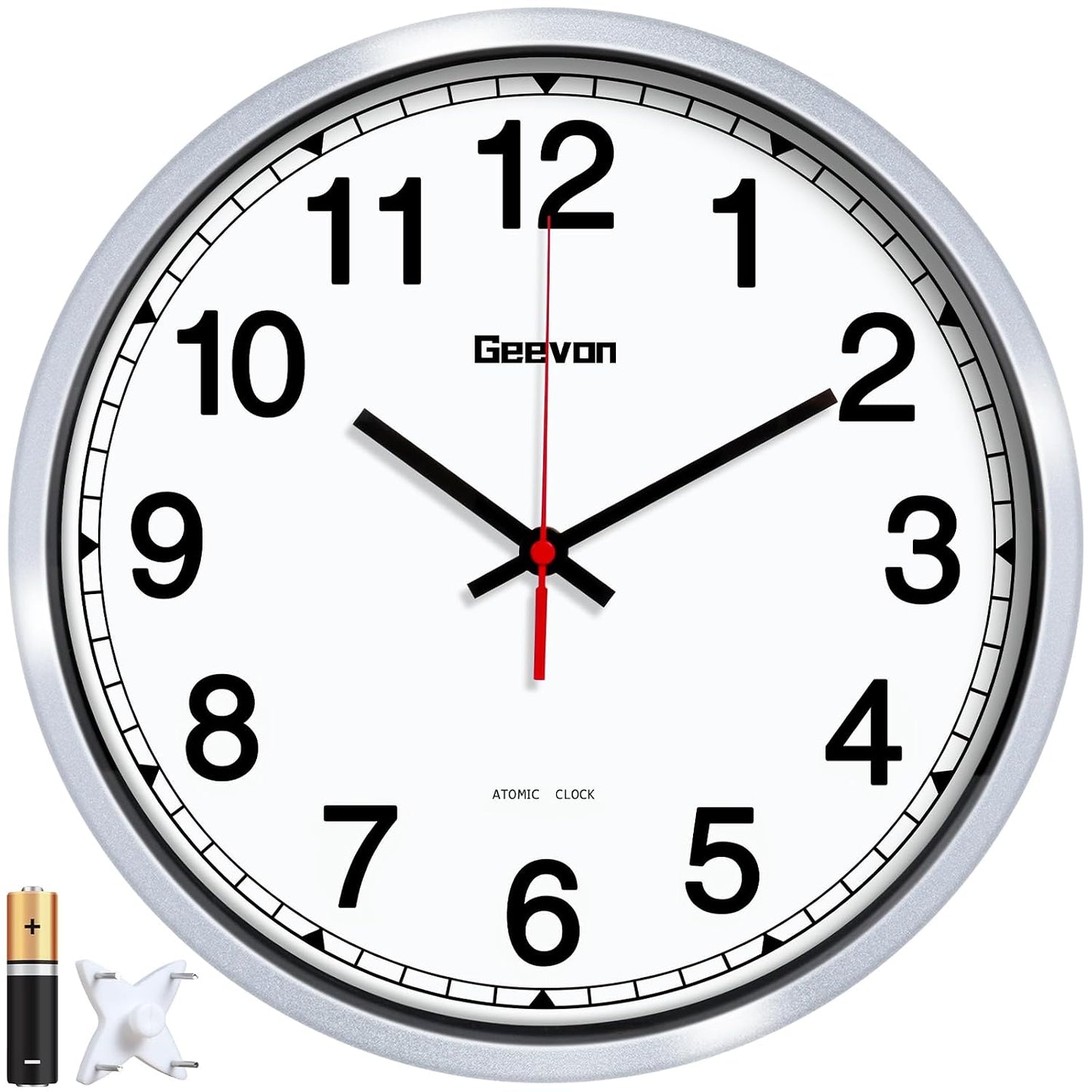 Geevon 12 Inch Atomic Wall Clock - Self-Setting Analog Clock with Automatic Time Sync - Battery Operated for Home Office School - Silver Frame