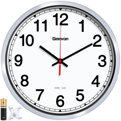 Geevon 12 Inch Atomic Wall Clock - Self-Setting Analog Clock with Automatic Time Sync - Battery Operated for Home Office School - Silver Frame