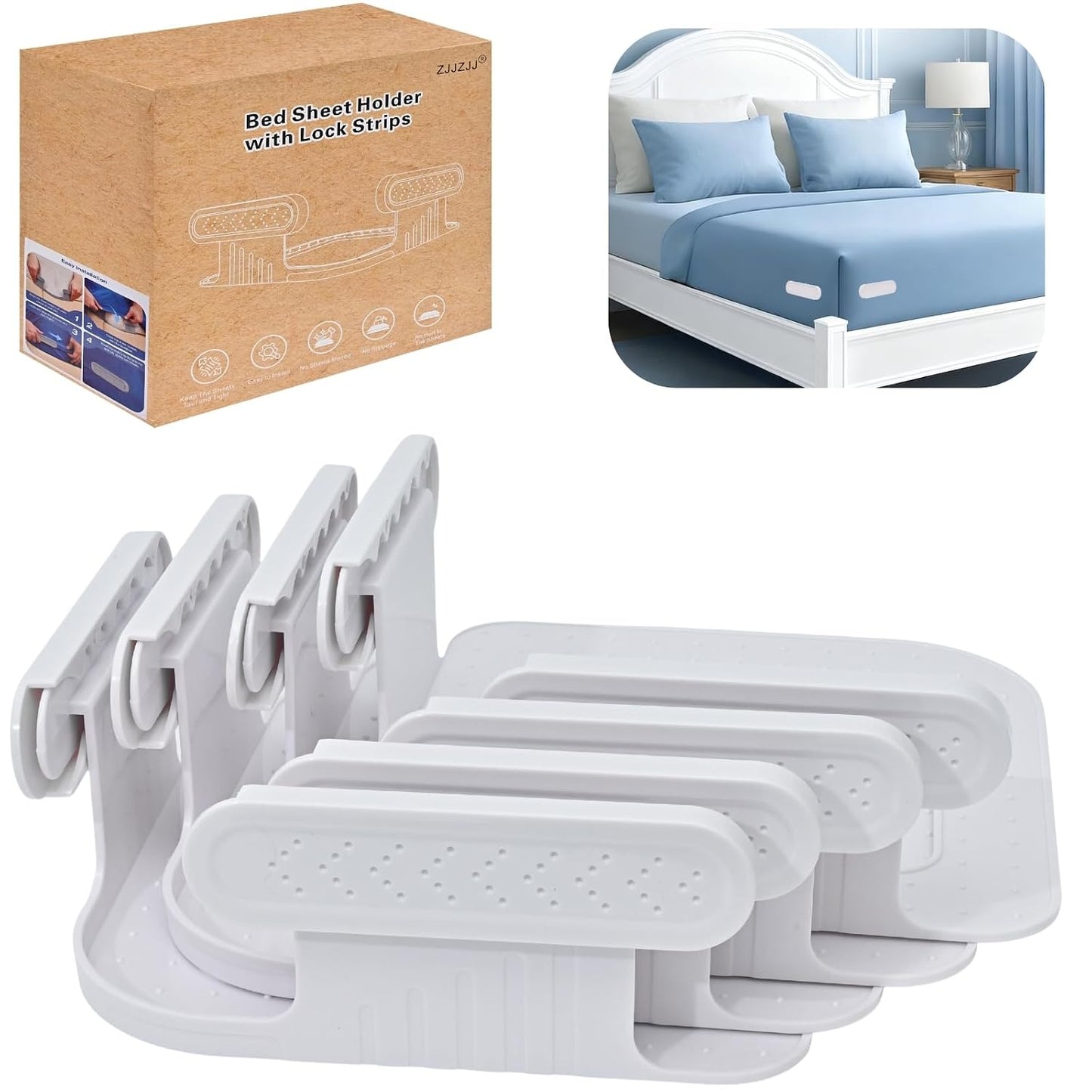Upgrade Bed Sheet Holders for Corners, Lock Sheet Holders, Fasteners Sheet Keep Sheets Firm & Tight, Durable Heavy Duty Bed Fitted Sheet Clips, Sheet Locks, Fit All Mattress - 4Pcs White