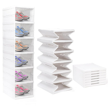 Nicunom Foldable Shoe Rack Organizer, 6-Tier Shoe Storage Box Collapsible Plastic Shoe Shelf Clear Shoe Boxes with Doors, Stackable Shoe Storage Bins Shoe Organizer for Entryway Closet